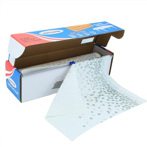Plastic Tablecloth Roll – 54" x 100' Plastic Tablecloths for Parties Disposable with Cutter Box - Cut to Size Disposable Tablecloth for Rectangle & Round (Silver Dots-White) - color: Silver Dots-white