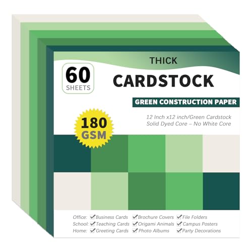 gisgfim 60 Sheets Green Cardstock Paper 12 X 12 Solid Core Construction Printer Paper 5 Assorted Colors Dyed Card Stock Scrapbook 65lb/180gsm for St. Patrick's Day DIY Crafts, Cards Making, Printing - color: Green, size: 12 X 12