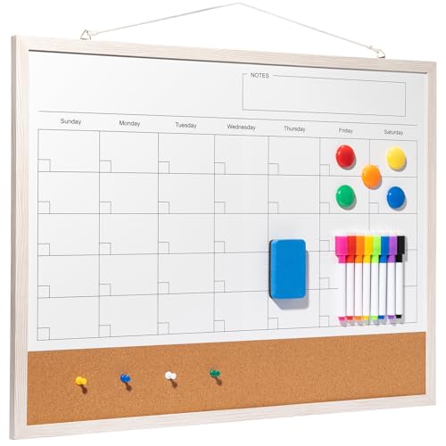 Dry Erase Calendar Whiteboard, 24" x 18" Magnetic Whiteboard Cork Board Combo, Reusable Monthly Planner with 8 Markers, Eraser, Magnets and Pushpins, Hanging Dry Erase Board for Home, School - White - color: White