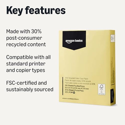 Amazon Basics 30% Recycled Color Copy Paper, 8.5" x 11", 20lb, Pastel Canary, 500 Sheets - color: Pastel Canary, size: 8.5" x 11"