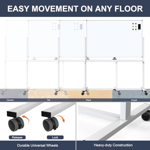 White Board on Wheels, 48 x 32 Inches Height-Adjustable Large Rolling Whiteboard, Mobile Magnetic Dry Erase Board with Stand, Double-Sided Standing Whiteboard for Office, Home, Classroom, School - color: White - Upgraded, size: 48"x32"
