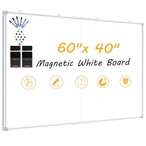 Magnetic Dry Erase Board 60x40 Inches, Foldable Whiteboard with Silver Frame for Classroom, Office and Home - 5x3.5 Ft, Non-Glare Surface, Full Magnetic Accessory Kit Included - color: White, size: 60"W x 40"H