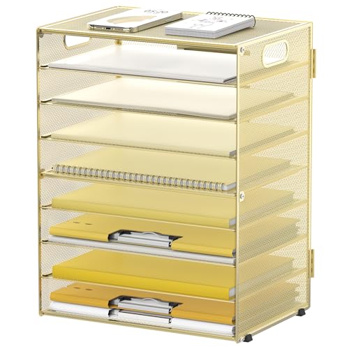 DALTACK 9-Tier Paper Organizer for Desk, Mesh Letter Tray Desk Organizer with Handles, Space-Saving File Organizer for Office Home School, Gold - color: Desk Organizer Gold