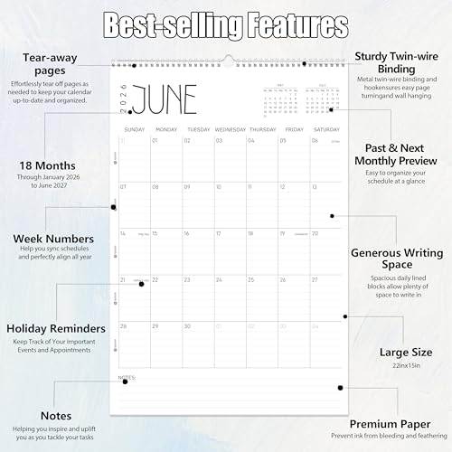 GuassLee Wall Calendar 2026 Large, 22" x 15" Hanging Wall Calendar 18-Month from Jan. 2026 to Jun. 2027, 2026-2027 Hanging Wall Planner with Spiral Binding for School Home Office Planning & Organizing - size: 22"x15"