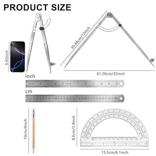 Compass Geometry Tool, Drawing Compass, Professional 12 Inch Large Compass with Wing for Woodworking, 6 Inch Protractor, 12 Inch Ruler, 2 Pencil for Carpenter, Drafting - size: 12 inches+2 Pencils
