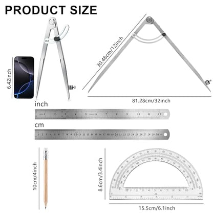 Compass Geometry Tool, Drawing Compass, Professional 12 Inch Large Compass with Wing for Woodworking, 6 Inch Protractor, 12 Inch Ruler, 2 Pencil for Carpenter, Drafting - size: 12 inches+2 Pencils