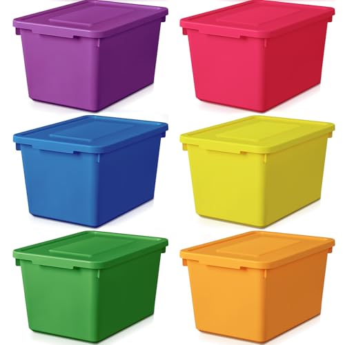 Potchen 6 Pack Small Stackable Storage Bins with Lids Plastic Cute Storage Boxes 9.8" ×7.3" ×5.7" Decorative Storing Bins for Organizing Craft Office Classroom Supplies (Colorful) - color: Colorful