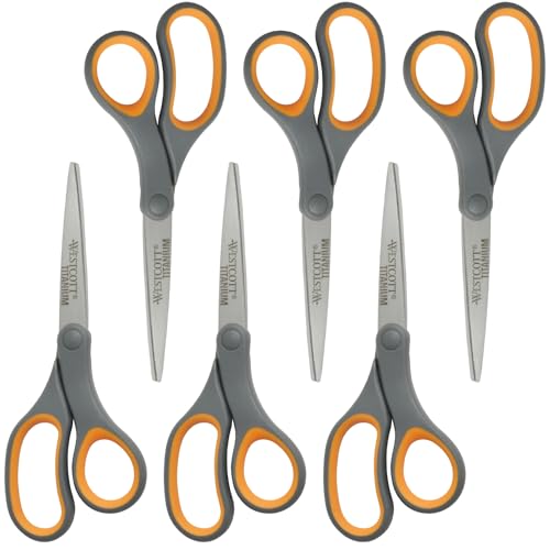 Westcott Titanium Bonded Scissors, Soft Handle, 8", Straight, Gray/Yellow, 6-Pack - size: 6-Pack