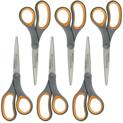 Westcott Titanium Bonded Scissors, Soft Handle, 8", Straight, Gray/Yellow, 6-Pack - size: 6-Pack