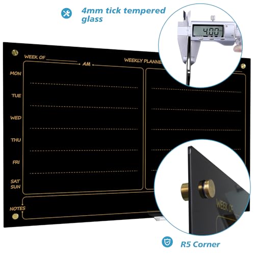 "Magnetic Planner Black Glass Board 24"X36" Weekly Glass Calendar Glassboard Premium Tempered Dry Erase Board Frameless Wall Mounted (Black)" - size: 36"W x 24"H
