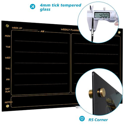 "Magnetic Planner Black Glass Board 24"X36" Weekly Glass Calendar Glassboard Premium Tempered Dry Erase Board Frameless Wall Mounted (Black)" - size: 36"W x 24"H