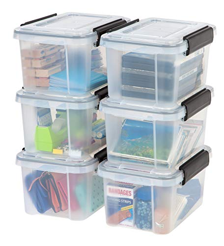 IRIS USA WeatherPro 6 Qt Storage Bins with Lids, 6 Pack, BPA-Free Plastic Gasket Box with Tight Latch and Seal, Stackable Nestable Tote Tub - Clear/Black - size: 7 Qt, style: 6 Pack