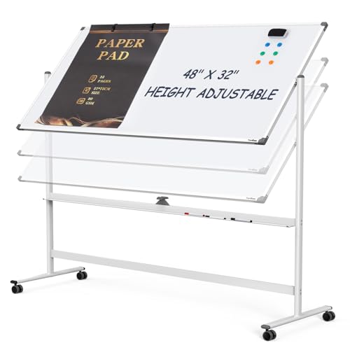 Dry Erase Whiteboard Easel on Wheels - TANKEE 48" x 32" Large Double Sided Mobile Whiteboard, Reversible Magnetic Rolling White Board for Home Office Classroom, Flip Chart Holders and Paper Pad - color: White, size: 48"x32"