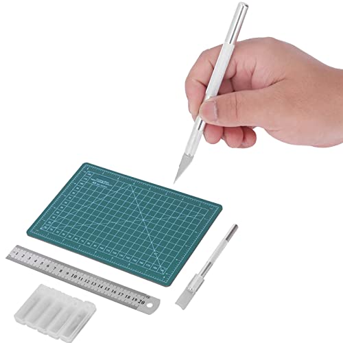 Fabric Cutting Mat, A5 15x22cm Plastic Mat with Steel Ruler and 25 Blades, for Cutting Wood Cardboard Paper Plastic Cloth Leather Foam Board