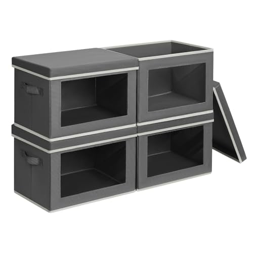 Homsorout Stackable Storage Bins with Lids - Medium Storage Box with Lids, Foldable Closet Boxes for Organizing, Wardrobe Clothes Organizer with Window, Cubes Bins for Living Room, 4 Pack, Dark Grey - color: Dark Grey, size: L(4-Pack)