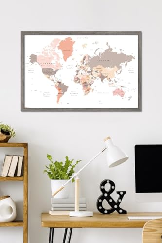 Geography - World Map Neutral Earth Tones 26 Wall Poster, 34L" x 22.4W", Barnwood Framed Version - color: Barnwood Framed Version, size: 34L" x 22.4W"