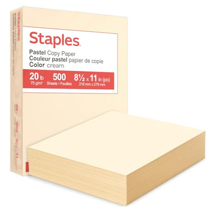 Staples Pastel Recycled Copy Paper, Cream, 20 lb., 8.5" x 11", 500 Sheets – 30% Recycled Multipurpose Paper for Printing & Documents - style: Cream