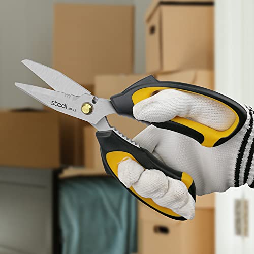 Stedi Scissors Heavy Duty 8-Inch,Multipurpose Scissors,Sharp Stainless Steel Shears with Serrated Edge & Protective Cover,Non-Slip Handle,Easy Cutting Cardboard, Carpet,Leather, Fabric, Wires, Yellow - style: JD-12(Straight-Blades)