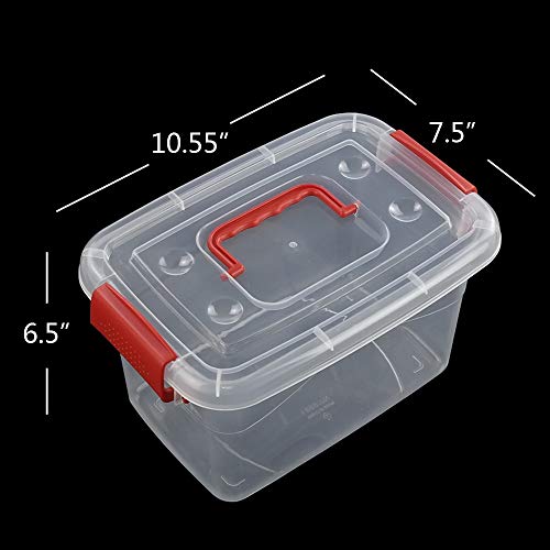 5 L Plastic Storage Bin with Lid, Clear Transparent Box With Red Handles Set of 6 - color: Red