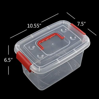 5 L Plastic Storage Bin with Lid, Clear Transparent Box With Red Handles Set of 6 - color: Red