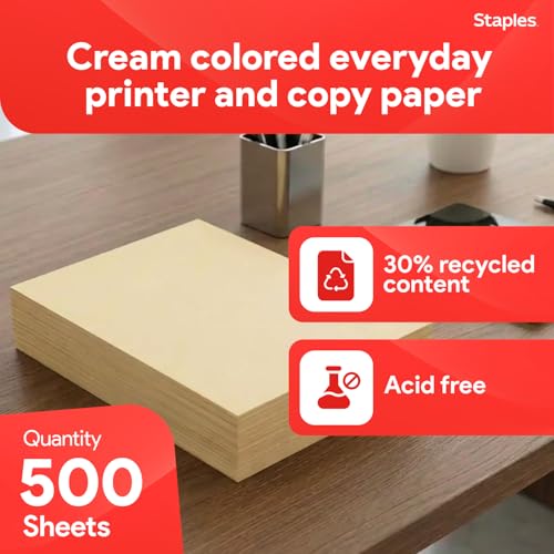 Staples Pastel Recycled Copy Paper, Cream, 20 lb., 8.5" x 11", 500 Sheets – 30% Recycled Multipurpose Paper for Printing & Documents - style: Cream