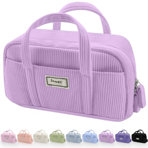 Sooez Large Pencil Case Pouch, Extra Big Pencil Bag with 5 Compartments, Pen Bag Wide Opening, Soft Corduroy Pencil Pouch Organizer with Zipper, Cute Aesthetic School Supplies for Girls-Light Purple - color: Light Purple