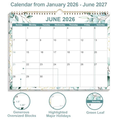 2026-2027 Calendar, Wall Calendar 2026-2027 from June 2026 - December 2027, 19 Months Calendar with Premium Paper, Twin-Wire Binding & Hanging Hook, 8.5" x 11", Green Leaf - color: Green Leaf, size: 8.5" x 11"