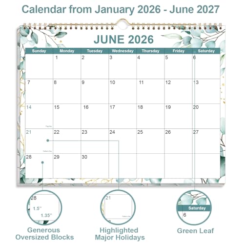 2026-2027 Calendar, Wall Calendar 2026-2027 from June 2026 - December 2027, 19 Months Calendar with Premium Paper, Twin-Wire Binding & Hanging Hook, 8.5" x 11", Green Leaf - color: Green Leaf, size: 8.5" x 11"