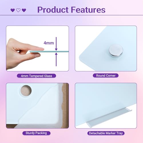 Magnetic Glass Whiteboard - 36” x 24” Glass Dry Erase Board for wall, Frameless Glass WhiteBoard for Office, Home & School