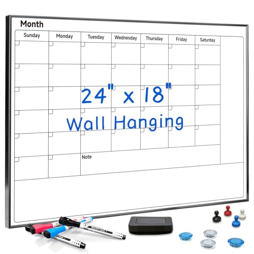 Whiteboard Calendar for Wall, 24"x18" Aluminum Frame Dry Erase | Sturdy Magnetic Planning Board with Black Frame & 4 Pens, Reusable Large Monthly Planner Reminder for Office Home School - style: 24" x 18"-Monthly Calendar