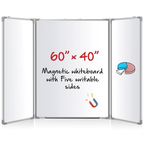 AmazingSpark 60” x 40” Foldable Whiteboard Dry Erase Board Large Tri Folding Whiteboard Magnetic Dry Erase Board, Wall Aluminium Frame and Flip Out Pen Tray for Office, Home - size: 60"W x 40"H