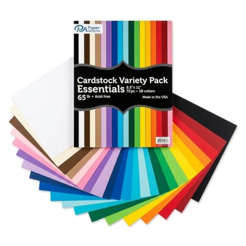 Accent Design Paper Accents Variety Pack, Essential Cardstock, 8.5x11 Inch, 72 Pack, 18 Colors, 65lb Cardstock, Scrapbooking, Card Making, and Rubber Stamping - color: Essential