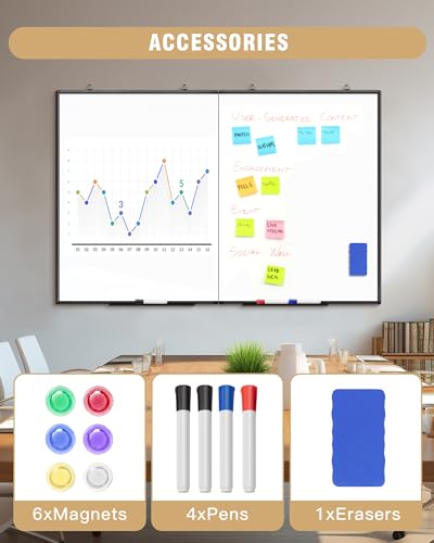 60"X 40" Large Magnetic Dry Erase Whiteboard, Wall Hanging Board with 8 Pens & 4 Dry Erasers & 30 Magnets, Sliver Aluminum Frame Black - color: Black, size: 60"W x 40"H