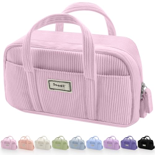 Sooez Large Pencil Case Pouch, Extra Big Pencil Bag with 5 Compartments, Pen Bag Wide Opening, Soft Corduroy Pencil Organizer with Zipper, Cute Aesthetic School Supplies for Teen Girls Light Pink - color: Light Pink