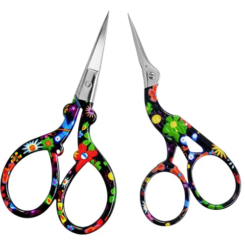 AQUEENLY Embroidery Scissors Vintage 2 Pcs Stainless Steel Stork Scissors Small Sewing Scissor Sharp 3.6 Inches Crochet Scissor for artwork, Threading, Needlework, Black Flower Style - color: Black Flower