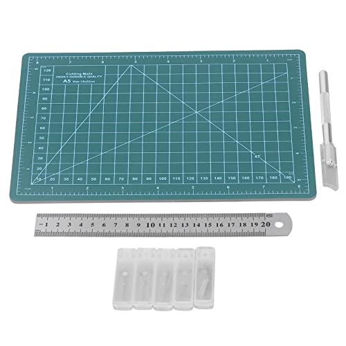 Fabric Cutting Mat, A5 15x22cm Plastic Mat with Steel Ruler and 25 Blades, for Cutting Wood Cardboard Paper Plastic Cloth Leather Foam Board