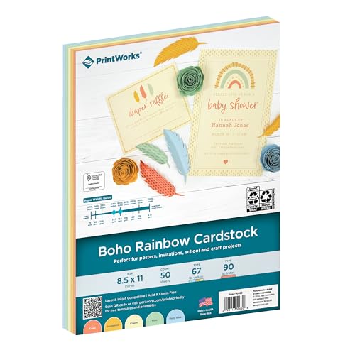 PrintWorks Boho Rainbow Cardstock 8.5" x 11" - 50 Sheets - 5 Assorted Boho Tones - Ideal for School & Craft Projects - 67 lb/147 gsm & 90 lb/165 gsm - Made in the USA - SFI® Certified (00660) - size: 50 Sheets