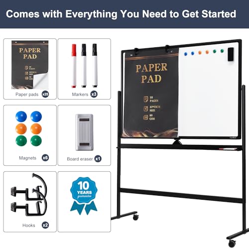 Dry Erase Whiteboard Easel on Wheels - TANKEE 70" x 36" Large Double Sided Mobile Whiteboard, Reversible Magnetic Rolling White Board for Home Office Classroom, Flip Chart Holders and Paper Pad - color: Black, size: 70"x36"
