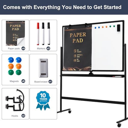 Dry Erase Whiteboard Easel on Wheels - TANKEE 70" x 36" Large Double Sided Mobile Whiteboard, Reversible Magnetic Rolling White Board for Home Office Classroom, Flip Chart Holders and Paper Pad - color: Black, size: 70"x36"