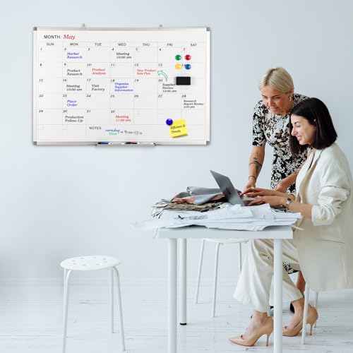 Comix Magnetic Dry Erase Calendar Whiteboard, 36 x 24 Inches Monthly Calendar Dry Erase Board for Wall, Aluminum Frame Planner White Board with Dry Erase Markers, Eraser, Magnets - size: 36"W x 24"H
