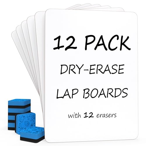 Set of 12 Small White Board Dry Erase Boards Classroom Pack Mini White Boards 9"x12” Double Sided Personal Whiteboards for Students Teachers School Supplies Lapboards l 12 Mini Whiteboard Erasers Incl - style: Set of 12 Boards & 12 Erasers