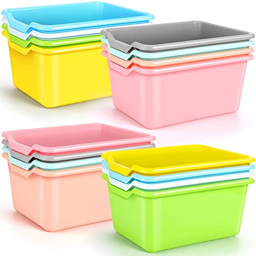 Dandat 16 Pcs Plastic Book Bins for Classroom Library Cubby Bins Scoop Front Stackable Toy Storage Tubs Containers for School Office Home Nursery Playroom Organization (Candy Color) - color: Candy Color
