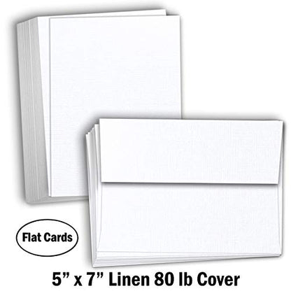 Hamilco White Linen Cards and Envelopes - Flat 5" x 7" Cardstock Paper 80lb Cover 100 Pack - size: 100 Cards with Envelopes
