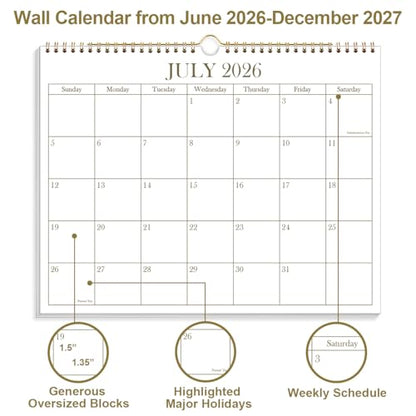 2026-2027 Calendar - 2026-2027 Wall Calendar from July 2026 - December 2027, 19 Months Calendar with Premium Paper, Twin-Wire Binding & Hanging Hook, 8.5" x 11", Golden - color: Golden, size: 8.5" x 11"