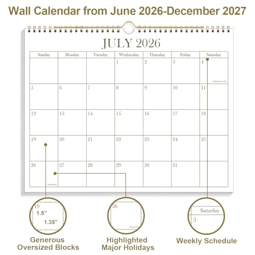 2026-2027 Calendar - 2026-2027 Wall Calendar from July 2026 - December 2027, 19 Months Calendar with Premium Paper, Twin-Wire Binding & Hanging Hook, 8.5" x 11", Golden - color: Golden, size: 8.5" x 11"