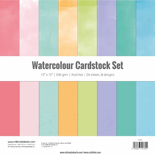 Craftelier - Cardstock Set Watercolour | Pack of 24 Double Sided Cardstock for Cardmaking, Scrapbooking and Craft Projects | Weight 240 grams | Size 30,48 cm x 30,48 cm (12" x 12") - color: Watercolour, size: 12" x 12"