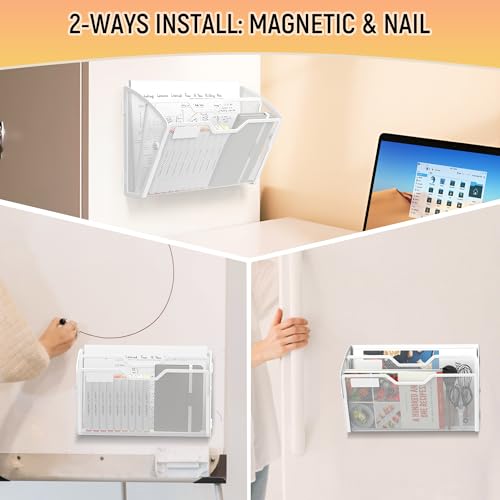 Docnest 2 Tier 3 Pack Magnetic Wall Mounted File Holders,Mesh Letter Organizer, Magnetic Hanging Mail Paper Document Organizer for Office, Home, School, White - color: 2 Tier Magnetic White-3 Pack