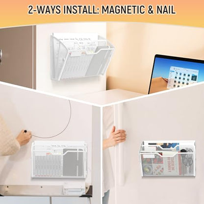 Docnest 2 Tier 3 Pack Magnetic Wall Mounted File Holders,Mesh Letter Organizer, Magnetic Hanging Mail Paper Document Organizer for Office, Home, School, White - color: 2 Tier Magnetic White-3 Pack