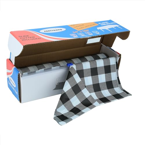 Plastic Tablecloth Roll – 54" x 100' Plastic Tablecloths for Parties Disposable with Cutter Box - Cut to Size Disposable Tablecloth for Rectangle & Round (Gingham-Black) - color: Gingham-black