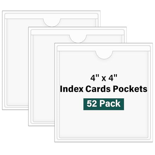 Ohuimrt Storage Bin Labels, 52 Pack, 4" x 4" Index Card | Clear Adhesive Pockets, Top Open, Tote Labels, Card Holder Organizer - size: 4" x 4"